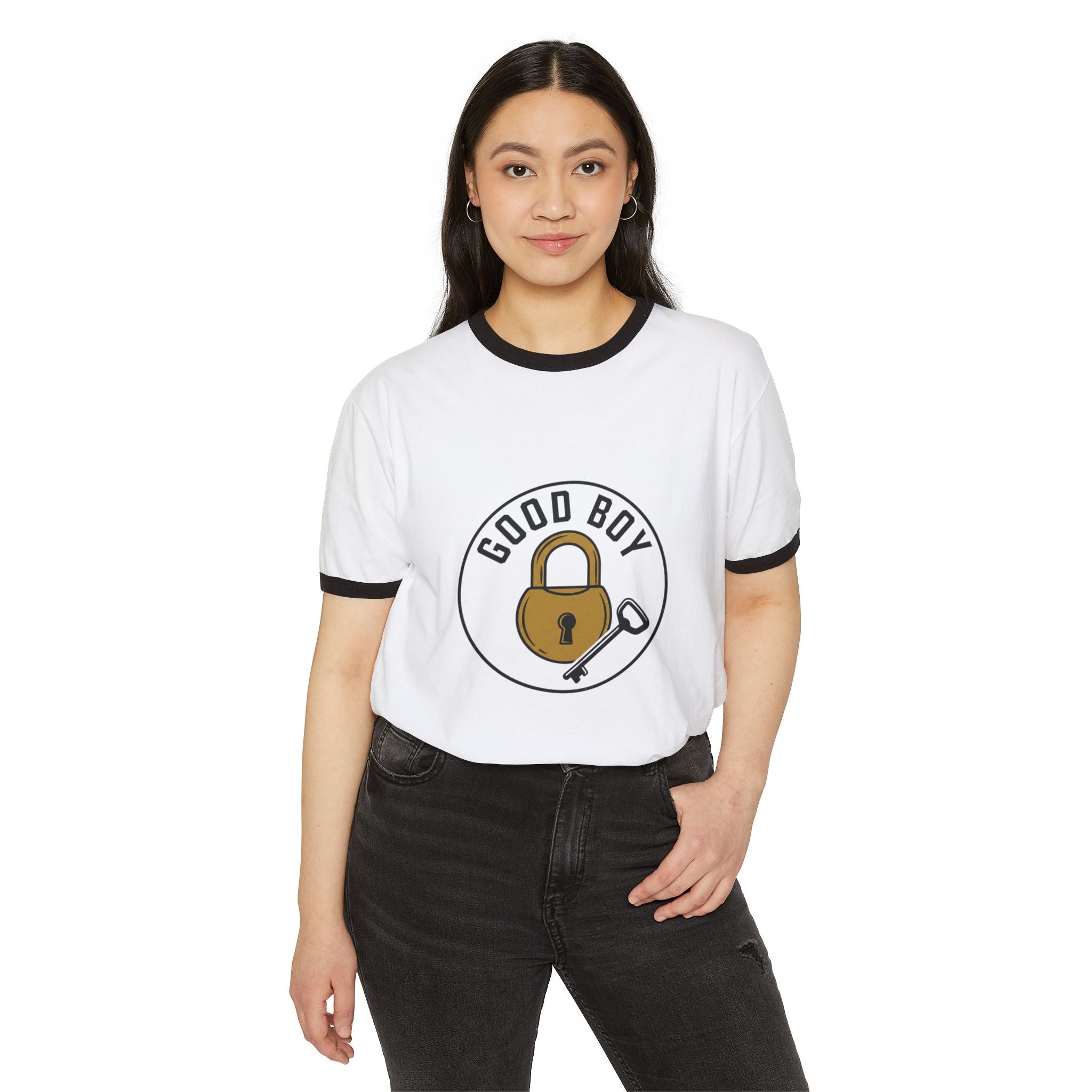 Good Boy Padlock Graphic Ringer T-Shirt
